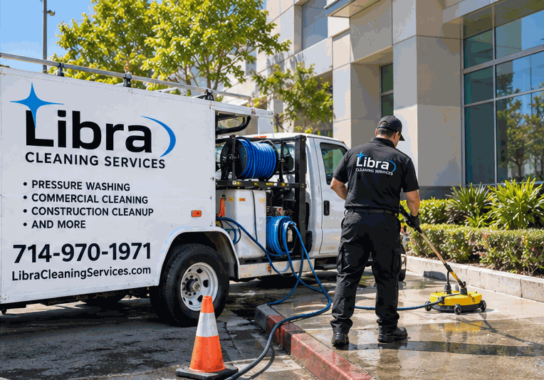 Libra service van with pressure washing equipment and a worker